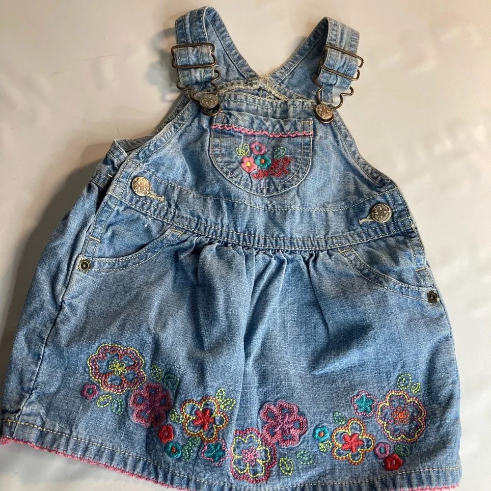 Oshkosh B'Gosh Vestbak Girl Denim Jean Jumper Dress Embroidered Flower 6 Months